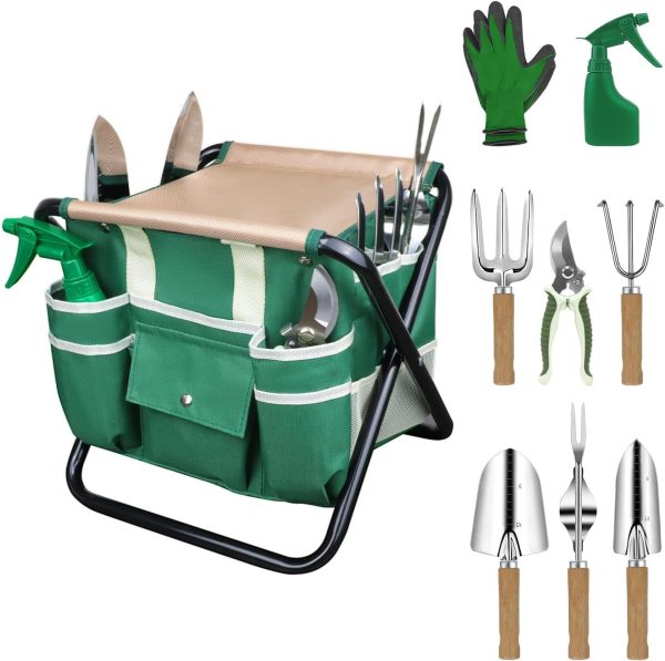 Tool Set 10 Pieces Heavy Duty Gardenting Tool Kit Folding Stool with